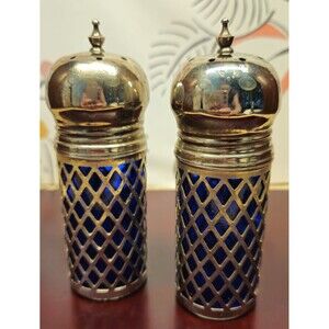 Vintage Pair of Cobalt Blue Glass Silver Tone Salt & Pepper Shakers Japan (read)
